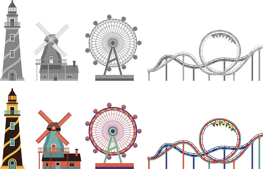 lighthouse,windmill,ferris wheel and Roller coaster Drawing by Visualgo