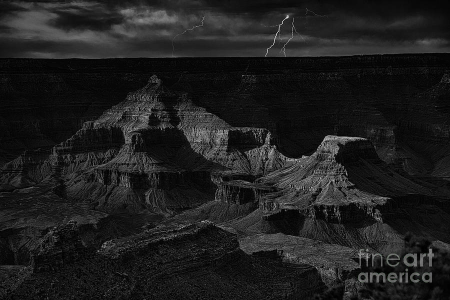 Lighting over Grand Canyon Black White Artistic  Photograph by Chuck Kuhn