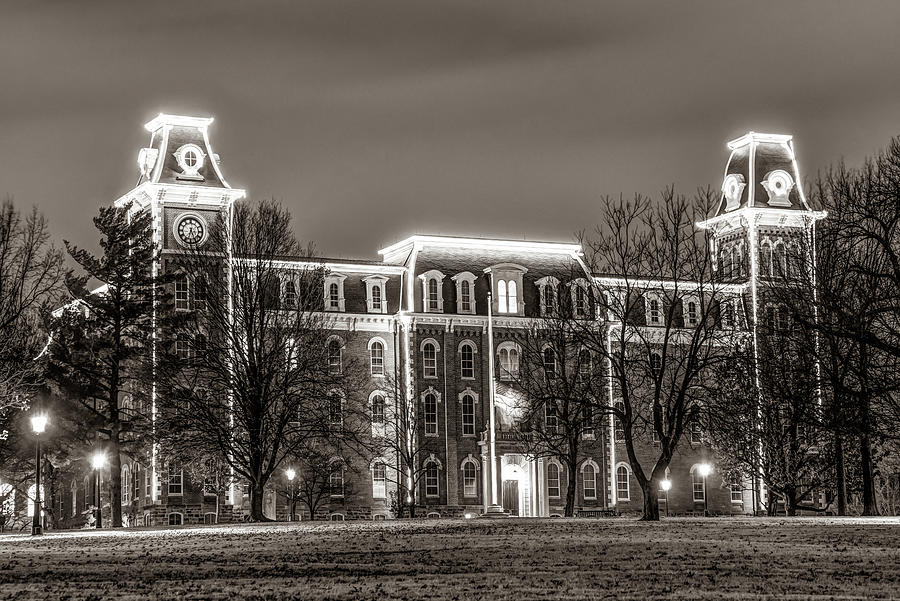 Lighting Up Old Main - University Of Arkansas Sepia Photograph by Gregory Ballos