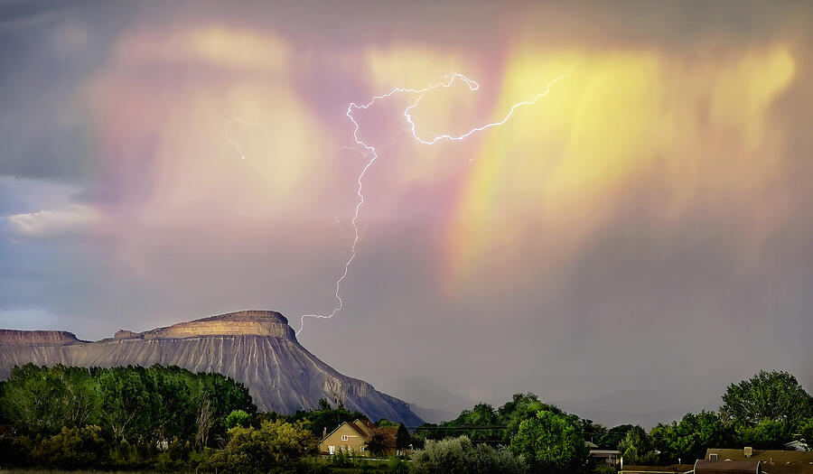 Lightning Against Mount Garfield With Rainbow Color Sky Photograph by John A Rodriguez Lightning Against Mount Garfield With Rainbow Color Sky Photograph by John A Rodriguez