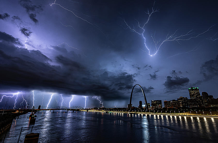 Lightning At The Riverfront Photograph by Marcus Hustedde