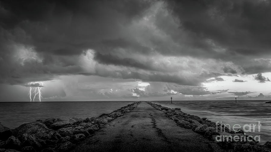 Lightning at the South Jetty, Venice, Florida BW Photograph by Liesl Walsh