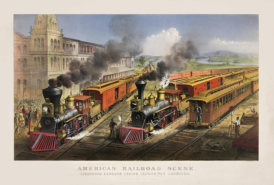 Currier And Ives Painting - Lightning Express Trains Leaving The Junction - American Railroad Scene - 1874 by War Is Hell Store