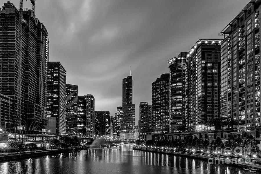 Lightning Over Chicago River Grayscale Photograph by Jennifer White