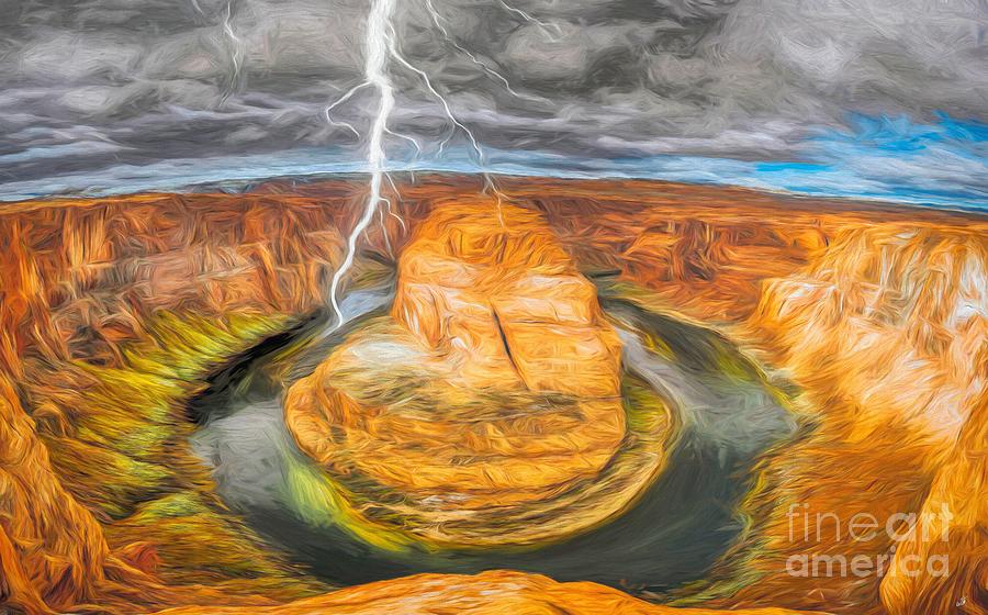 Lightning Over Landscape of  Colorado River and Horseshoe Bend - Arizona USA Painting by Stefano Senise