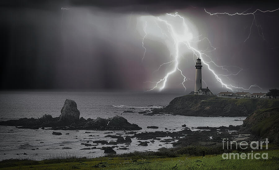 Lightning over Lighthouse BW Photograph by Chuck Kuhn