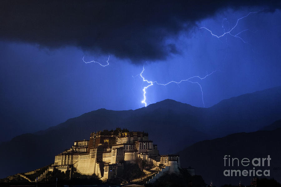 Architecture Photograph - Lightning over Potala Palace, Lhasa, 2007 by Hitendra SINKAR