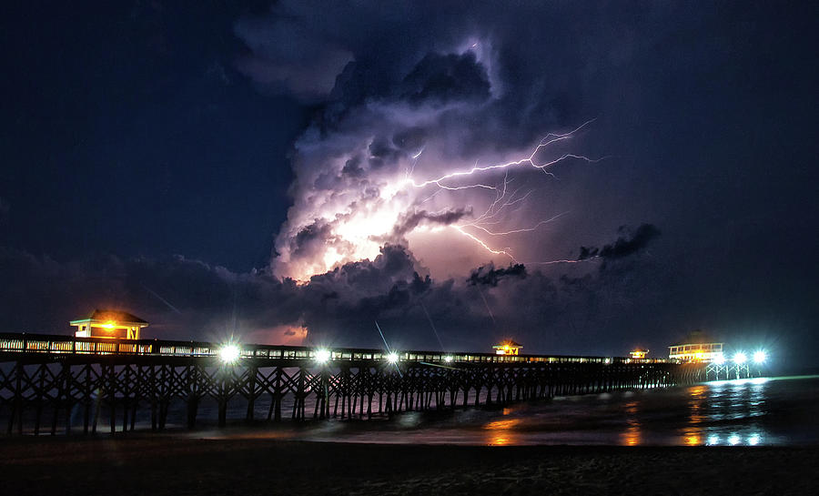 Lightning over the Pier at Folly Beach Photograph by Doug Sims