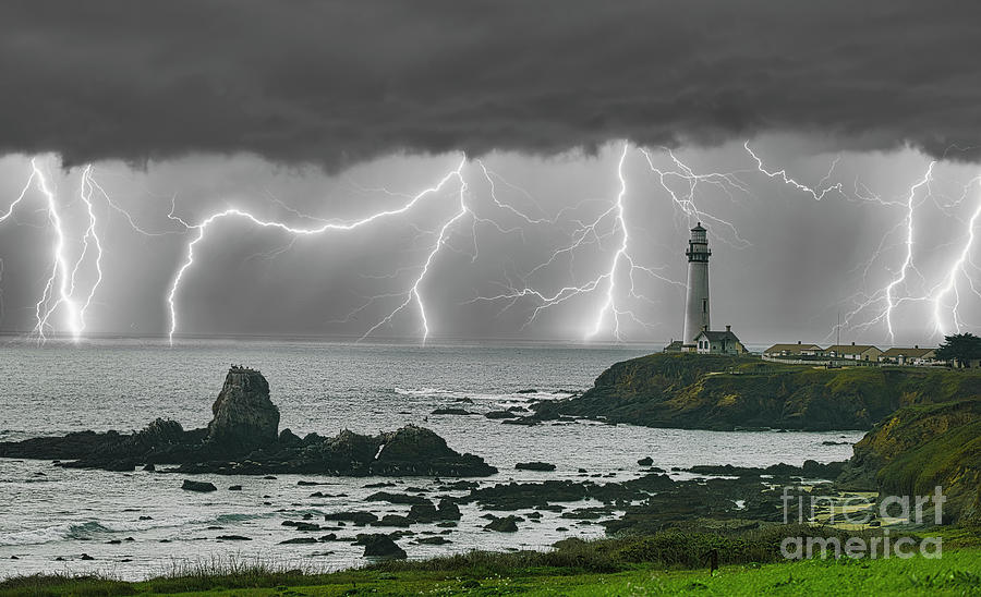 Lightning Pigeon Point Lighthouse Calif Photograph by Chuck Kuhn