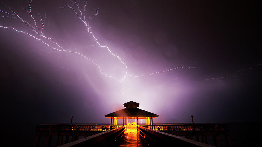 Lightning Strike at Fort Myers Beach Pier Digital Art by Andrew West