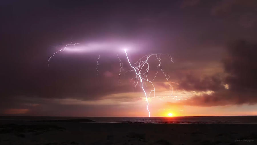 Lightning Strike at Sunset  Off Ventura California Coast Photograph by John A Rodriguez