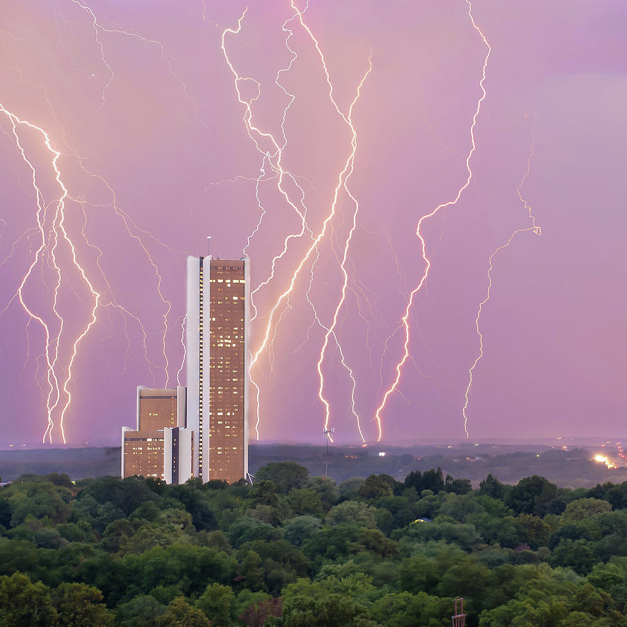Lightning Strikes Over Tulsa Cityplex Towers Photograph