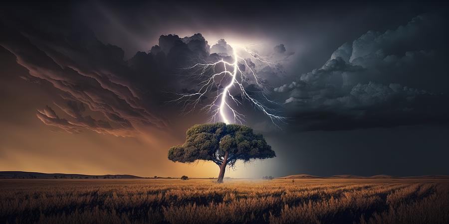 Lightning Striking Lone Tree Digital Art by Mike Tedeschi - Pixels