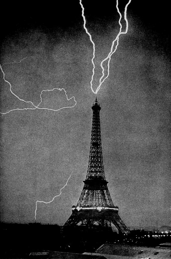 Lightning Striking The Eiffel Tower - Paris 1902 Photograph by War Is Hell Store