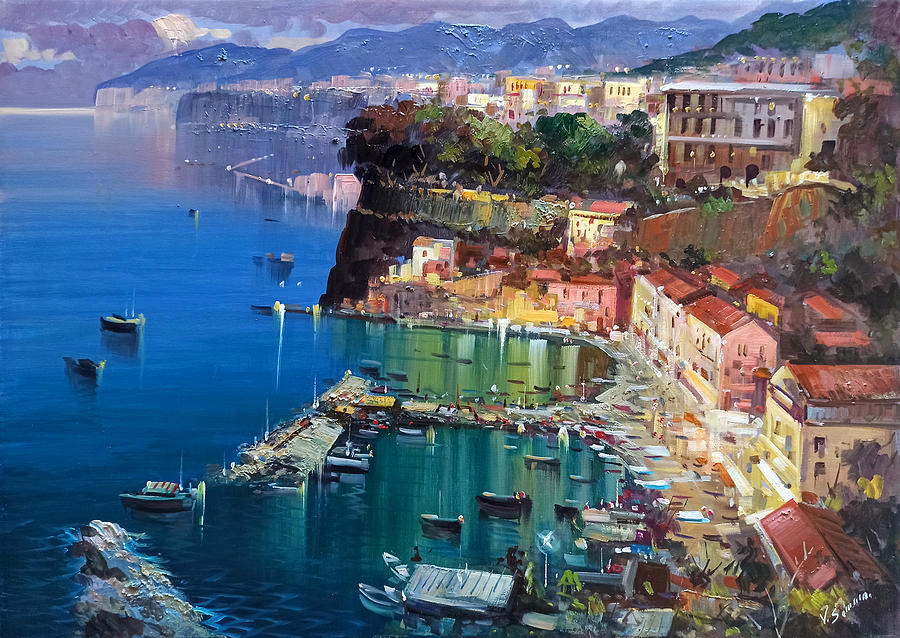 Boat Painting - Lights of Sorrento - Amalfitan Coast painting 50x70 cm by Vincenzo Somma