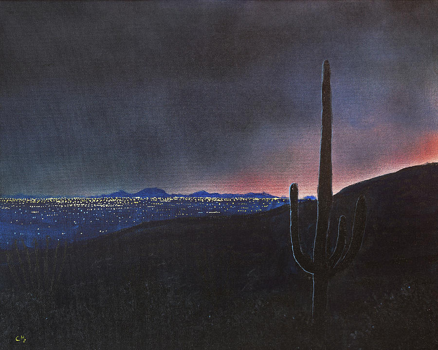 Lights of Tucson, Arizona with Saguaro Cactus Painting by Chance Kafka
