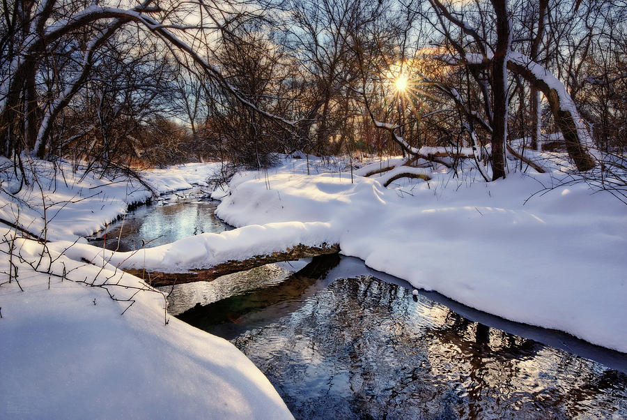 Like a Bridge over Troubled Waters - fresh WI snowscape with trout creek and log bridge Photograph by Peter Herman