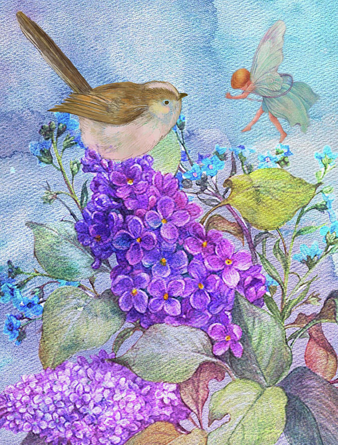Lilac Flower Fairy with Birdie Painting by Judith Cheng