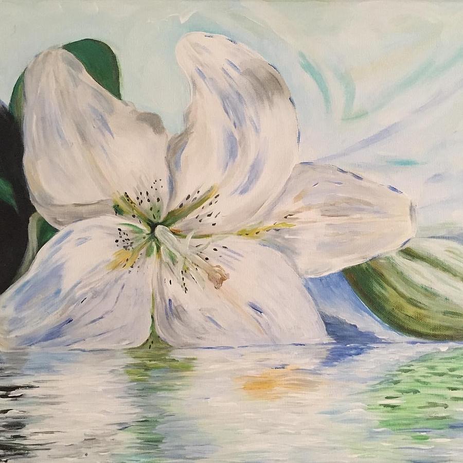 White lily in water Painting by Tetiana Bielkina
