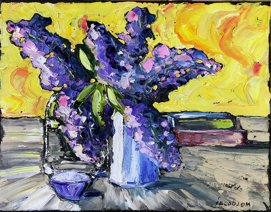 Lilacs and Small Bowl Painting by Carrie Jacobson