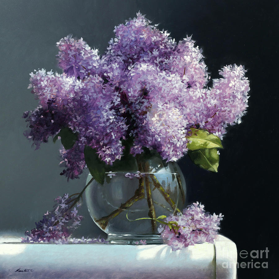 Lilacs in a Round Glass Vase Painting by Lawrence Preston - Fine Art ...