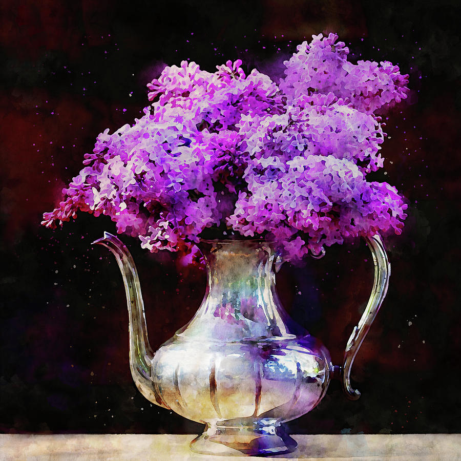 Still Life Photograph - Lilacs in Antique Silver Teapot by Peggy Collins