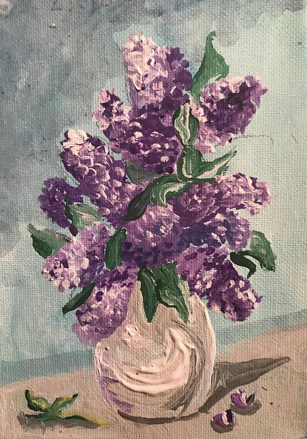 Lilacs in gray vase Painting by Barbara Szlanic