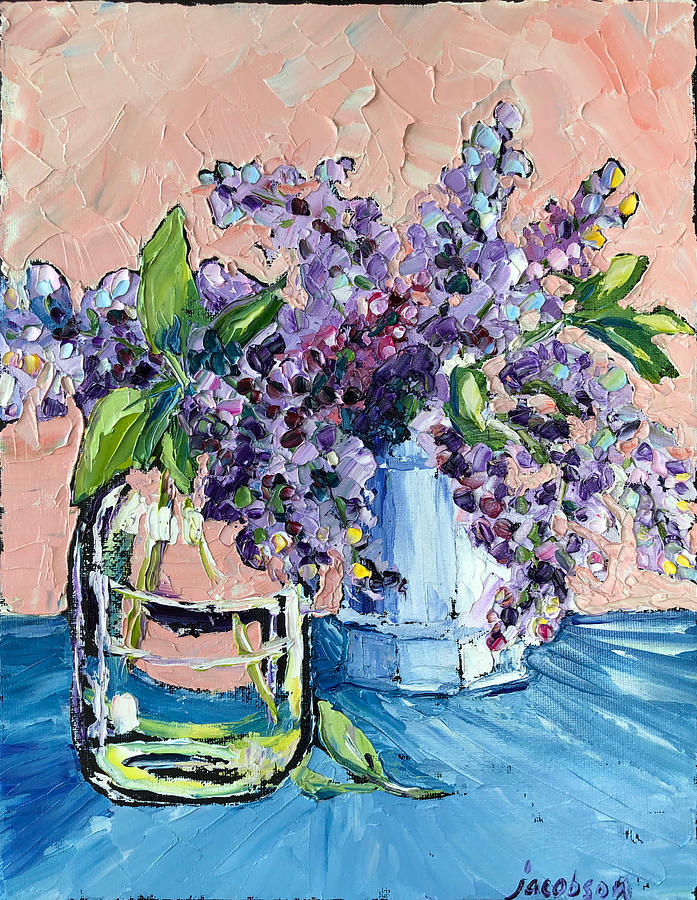 Lilacs on Peach Painting by Carrie Jacobson