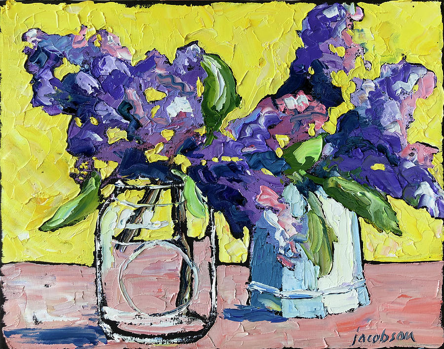 Lilacs on Yellow Painting by Carrie Jacobson