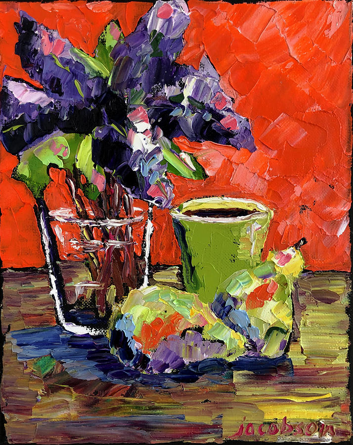 Lilacs with Green Cup and Pears Painting by Carrie Jacobson