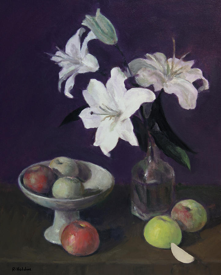 Apple Painting - Lilies and Apples by Robert Holden