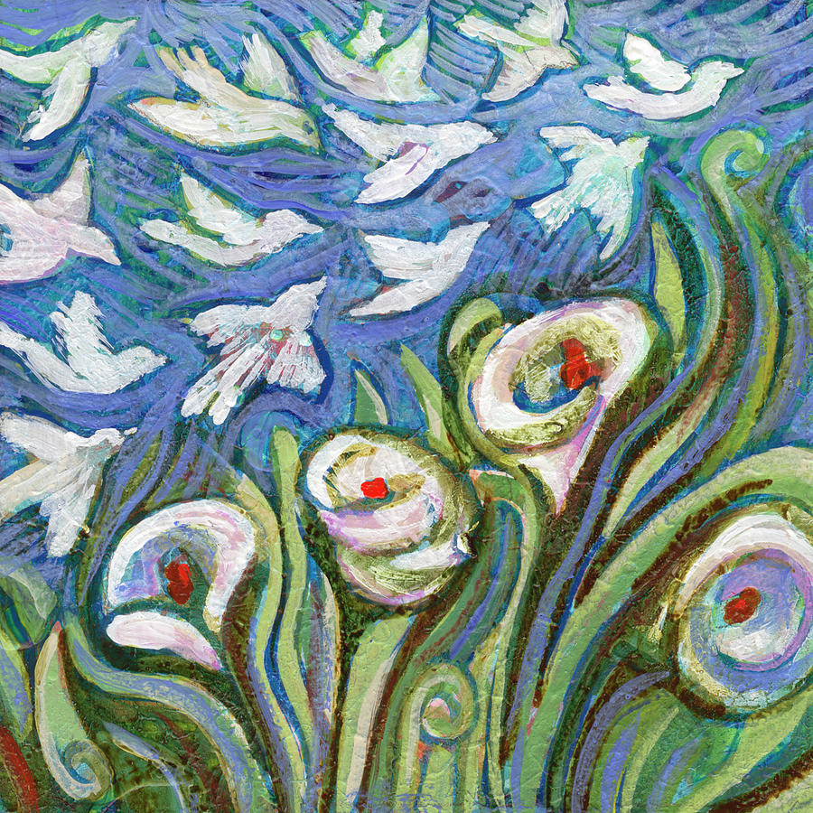 Lilies and Birds Painting by Jen Norton
