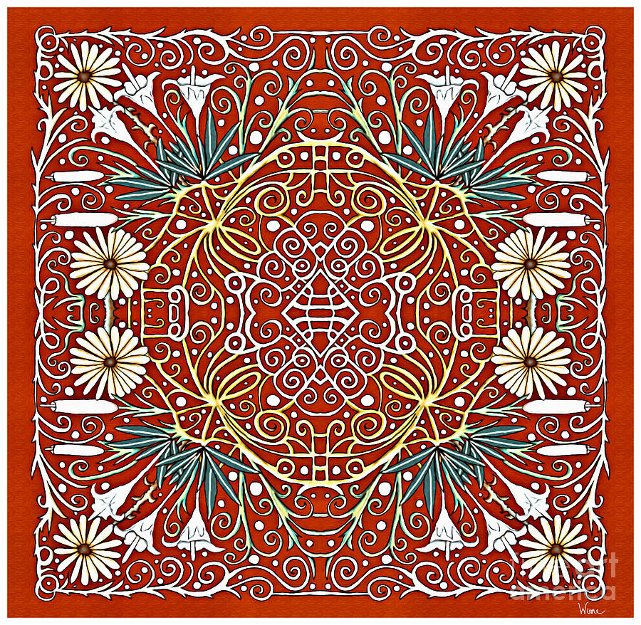 Lilies and Daisies and White tubular Flowers on a Red Background square design for decor Mixed Media by Lise Winne