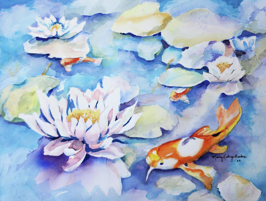 Lilies and Koi Painting by Mary Haley-Rocks