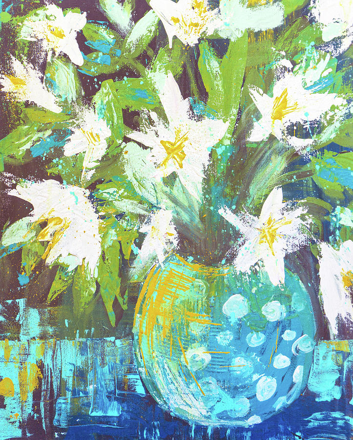 Lilies in Teal Polka Dots Painting by Joanne Herrmann