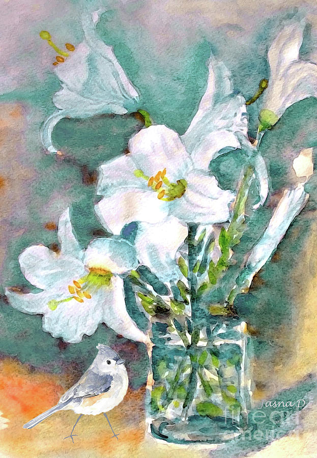 Lilies Still Life and Bird Painting by Jasna Dragun