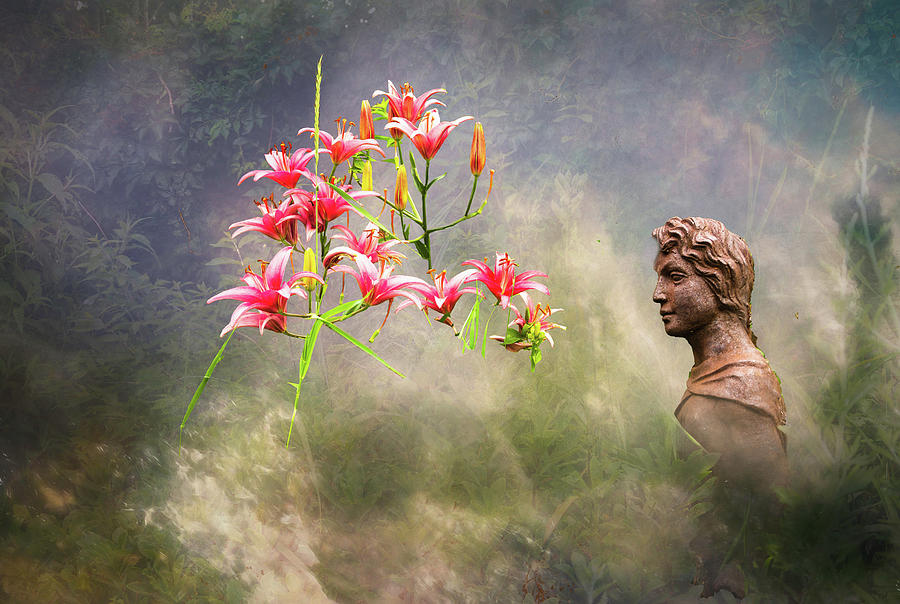 Lilium candidum, lilies, and Statue Photograph by Paul Giglia