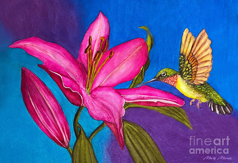 Lily and Hummingbird V1 Mixed Media by Martys Royal Art