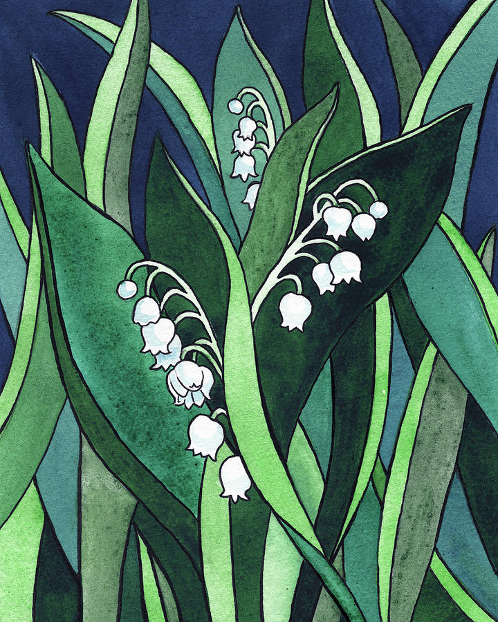 Lily Of The Valley Flowers In The Blue Forest Watercolor Painting