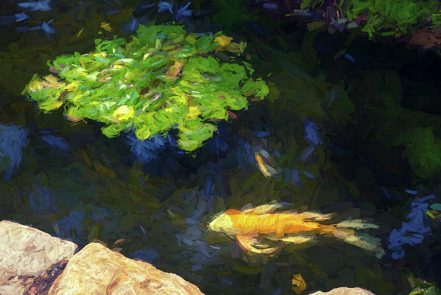 Lily Pads and a Koi - Digital Painting Digital Art by Joseph S Giacalone