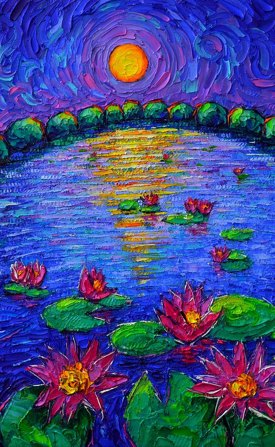 LILY POND MYSTIC NIGHT 7 abstract moon art impasto palette knife oil painting by Ana Maria Edulescu Painting by Ana Maria Edulescu