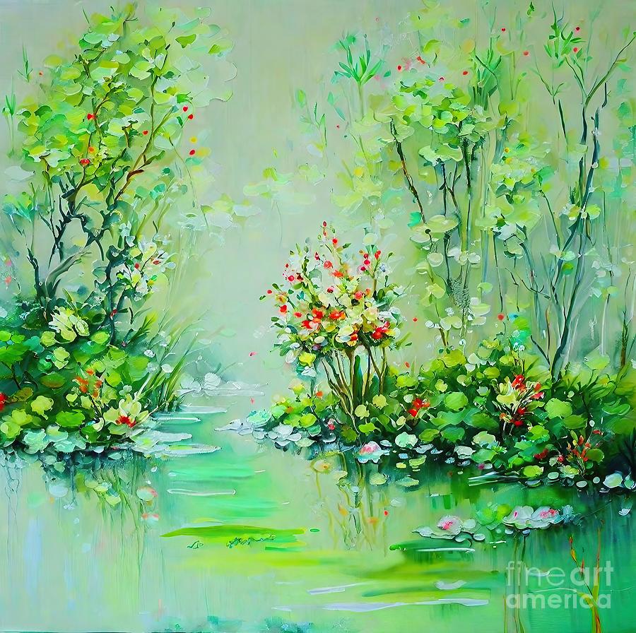Flowers Still Life Painting - LILY POND REFLECTIONS III Painting pond lake landscape modern landscape painting floral field painting monet water lily pond water reflections trees green floral abstract monet giverny painting by N Akkash