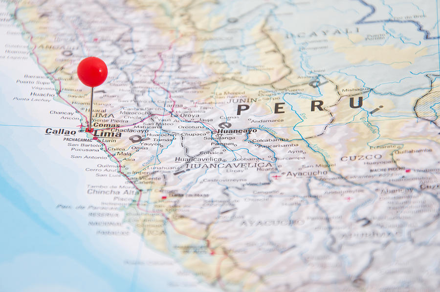 Lima, Brazil, Yellow Pin, Close-Up of Map. Photograph by Nodramallama