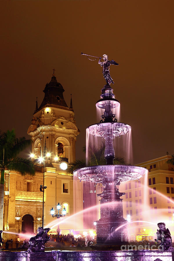 Lima cathedral and fountain Peru Photograph by James Brunker