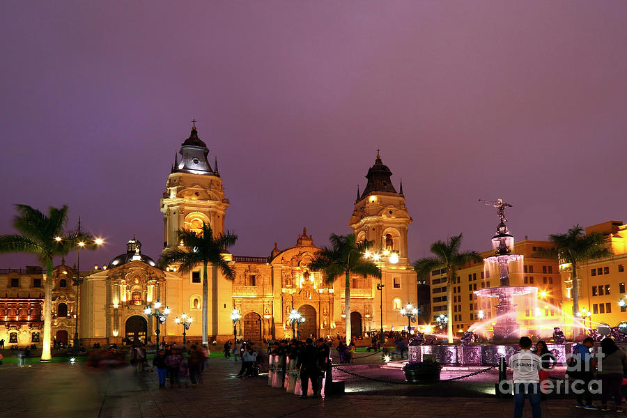 Lima Cathedral and Plaza de Armas at Night Photograph by James Brunker