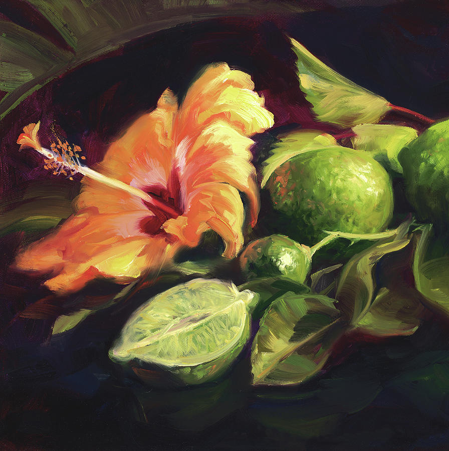 Lime Painting - Limes and Hibiscus by Laurie Snow Hein