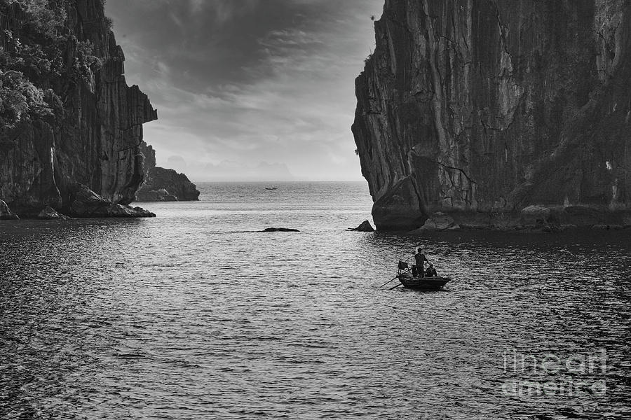 Boat Photograph - Limestone Islands Ha Long Bay Vietnam BW by Chuck Kuhn