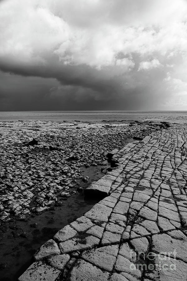 Limestone pavement on the South Wales coast in black and white Photograph by James Brunker