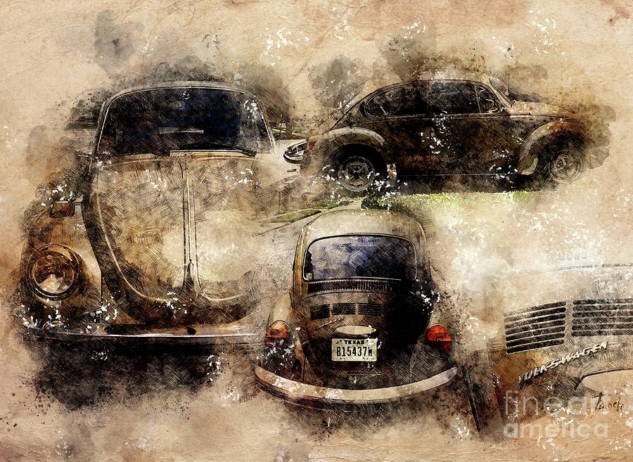 Limited Edition Drawing - Limited Edition 1974 Volkswagen Super Beetle Sun Bug Original Artwork by Drawspots Illustrations
