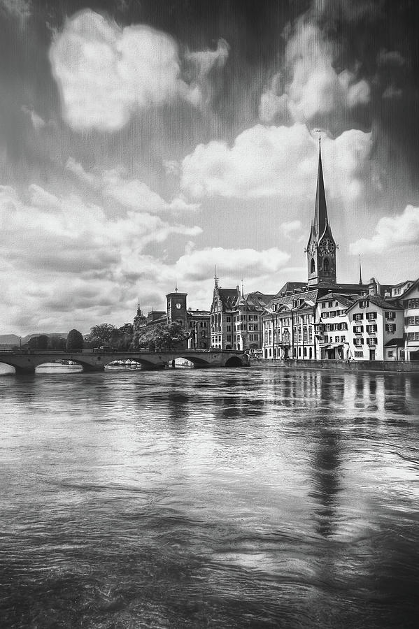 Romanesque Photograph - Limmat River Zurich Switzerland Black and White  by Carol Japp